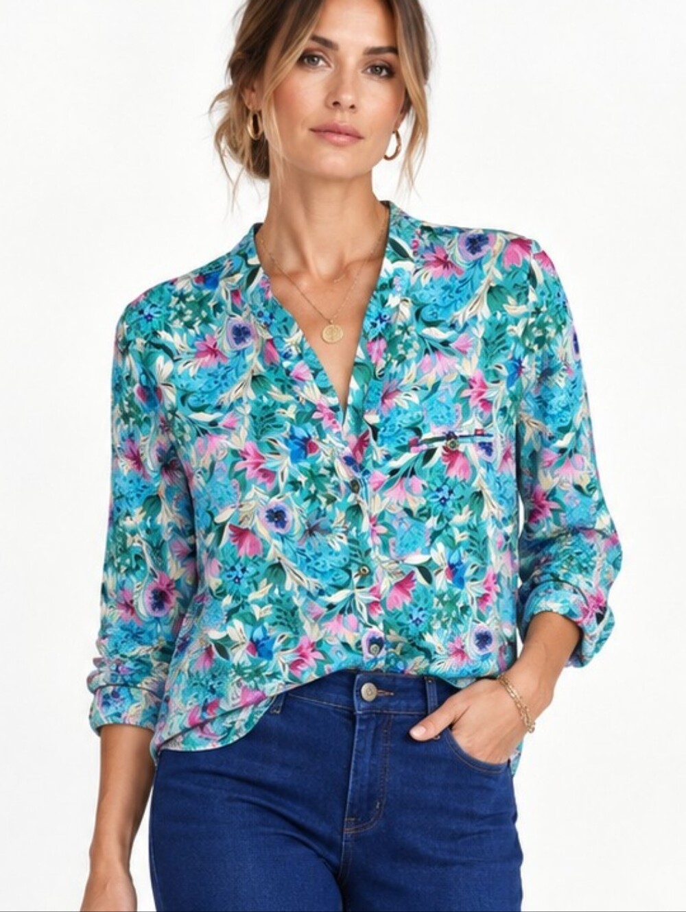 Kut From The Kloth Blouse Tropical Floral Turquoise And Pink Button Down